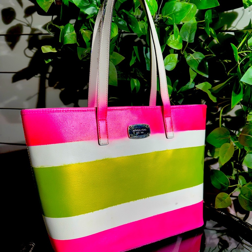 METALLIC Neon Pink & Neon Green & White Leather Large Michael Kors Purse